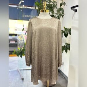 Shimmer Metallic Long Sleeve A-Line Mini Dress – Elegant Relaxed Fit